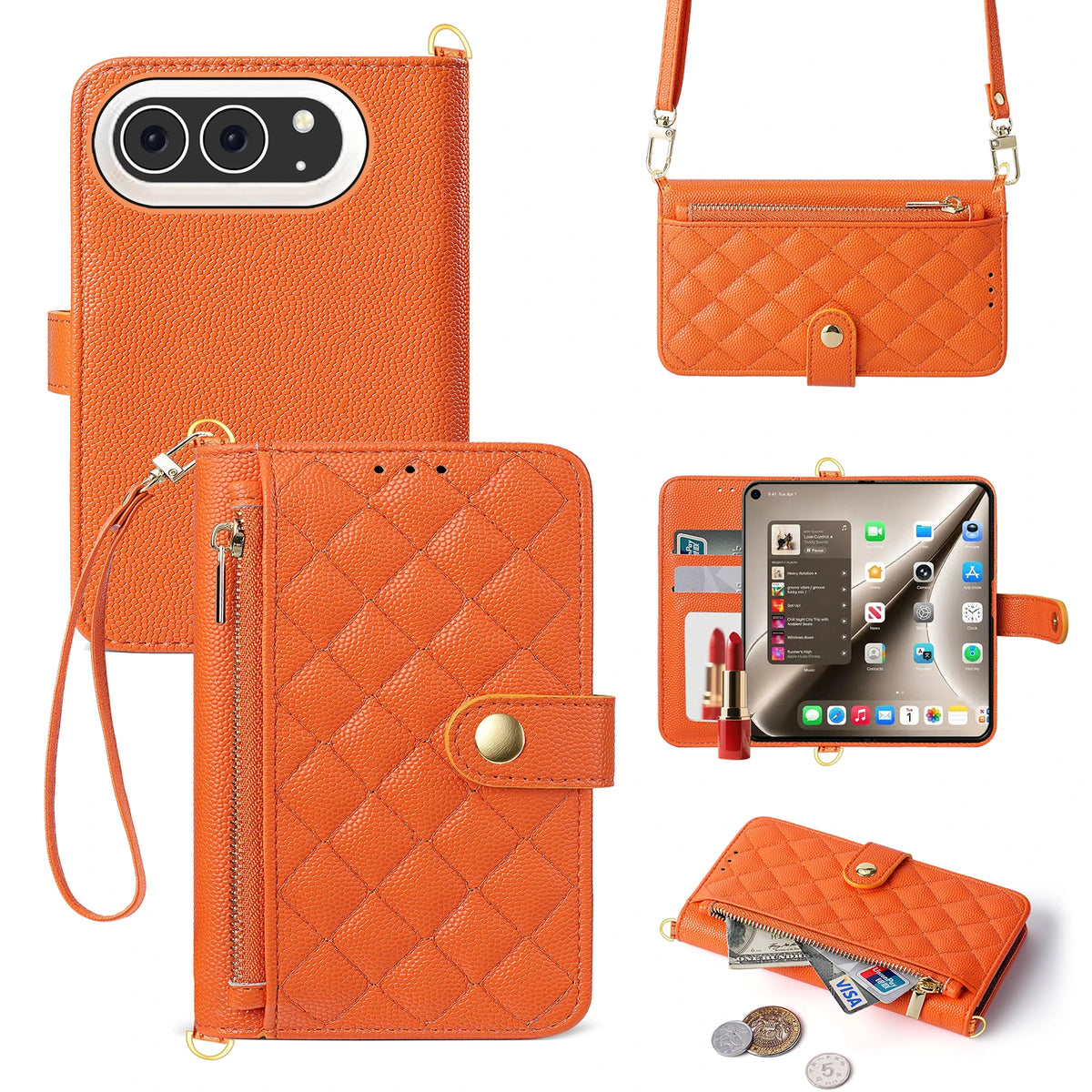 Quilted Leather Crossbody Wallet Case with Detachable Strap for iPhone Duo