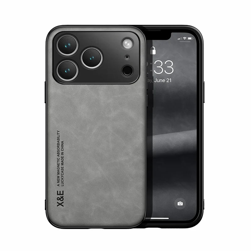 iPhone 17 Series PU Leather Magnetic Case with Built-In Metal Plate