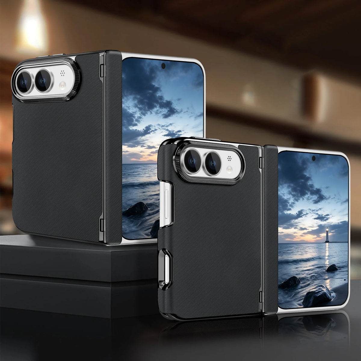 Textured Fabric Hinge Protection Case with Central Axis Reinforcement for iPhone Duo