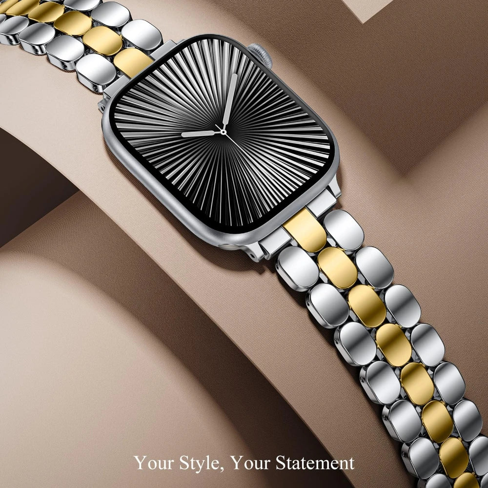 Three-Row Link Bracelet with Push-Button Clasp for Apple Watch