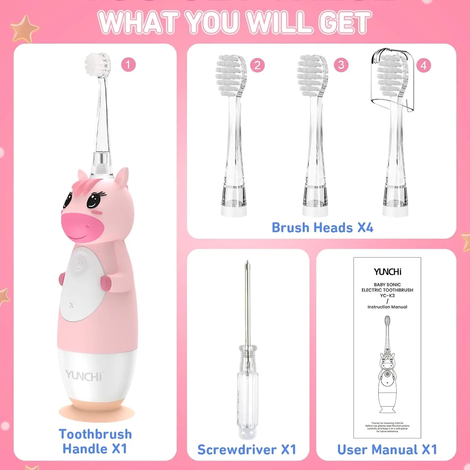 Yunchi K3 Kids Sonic Electric Toothbrush with 4 Brush Heads