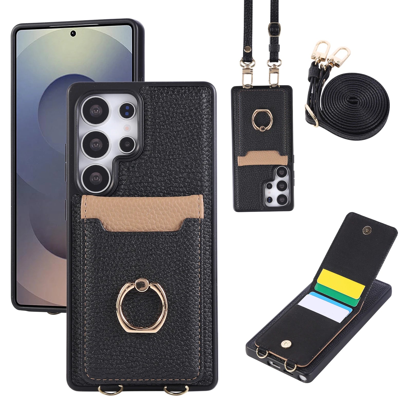 Lychee Grain Leather Crossbody Case with Adjustable D-Ring Strap and Card Wallet for Samsung Galaxy S23 Series
