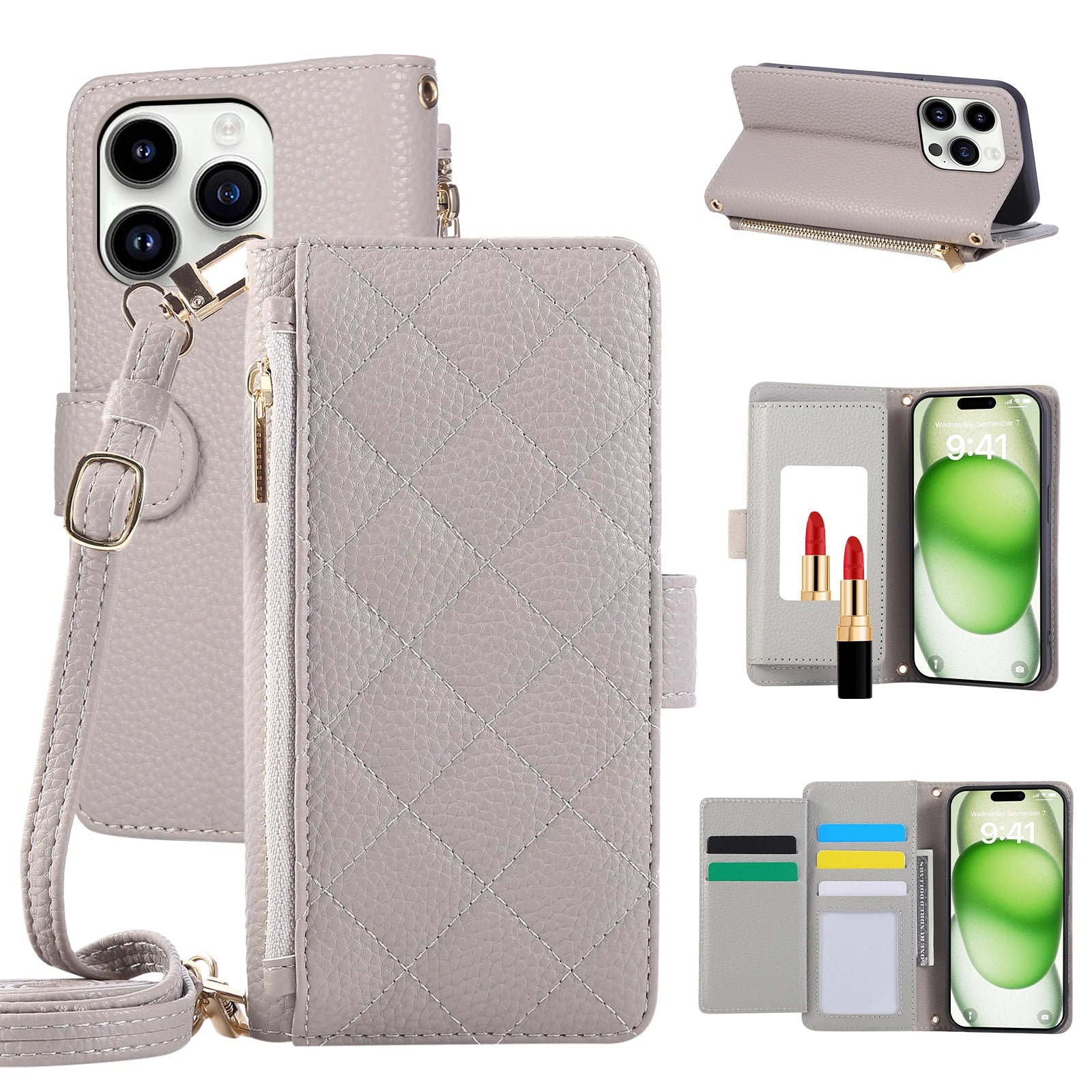 Crossbody Leather Wallet Case with Card Holder for iPhone 15 Series