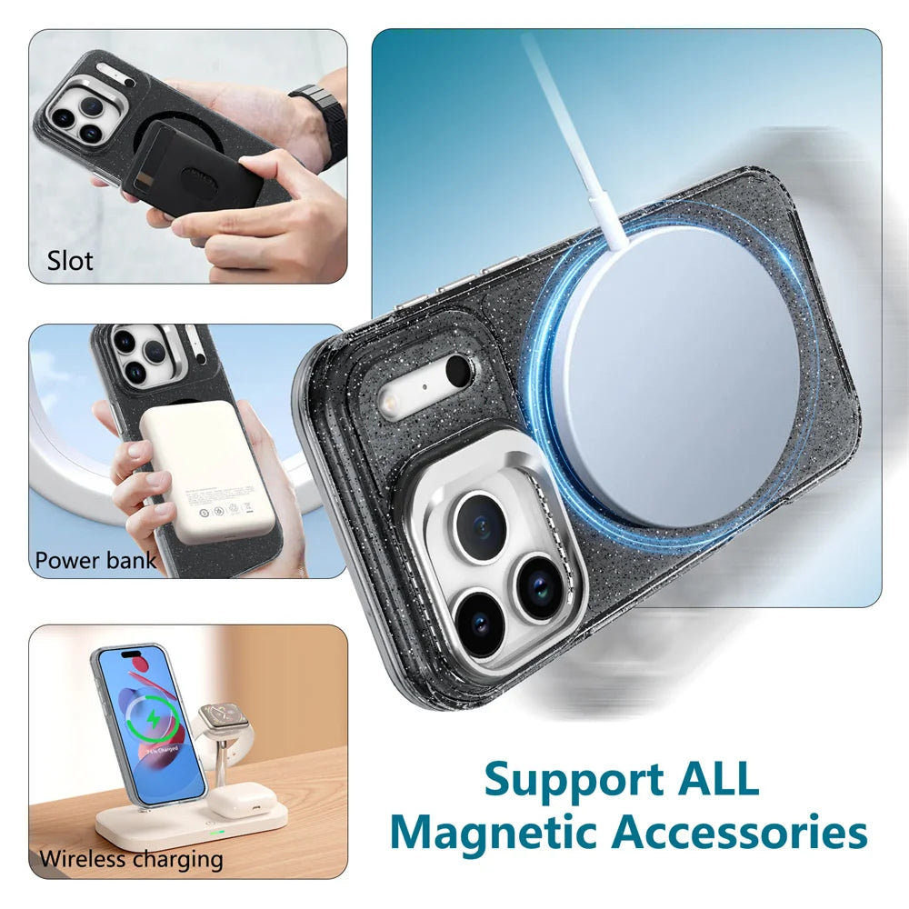 iPhone 17 Series Glamorous Glitter MagSafe Case with Lens Stand