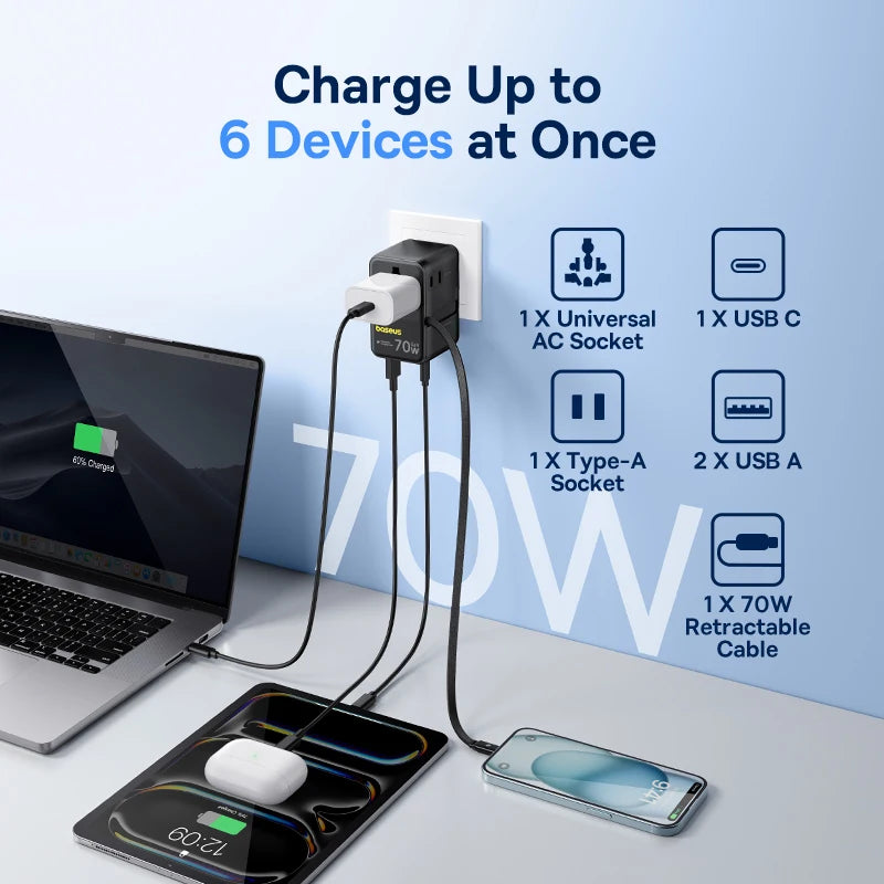 Baseus EnerCore CG11 70W Universal Travel Adapter with Retractable Cable