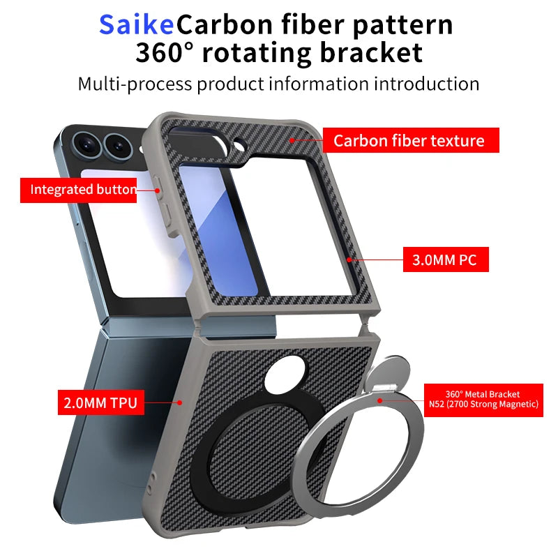 Carbon Fiber Leather Case with Rotating Ring Bracket for Samsung Galaxy Z Flip 6