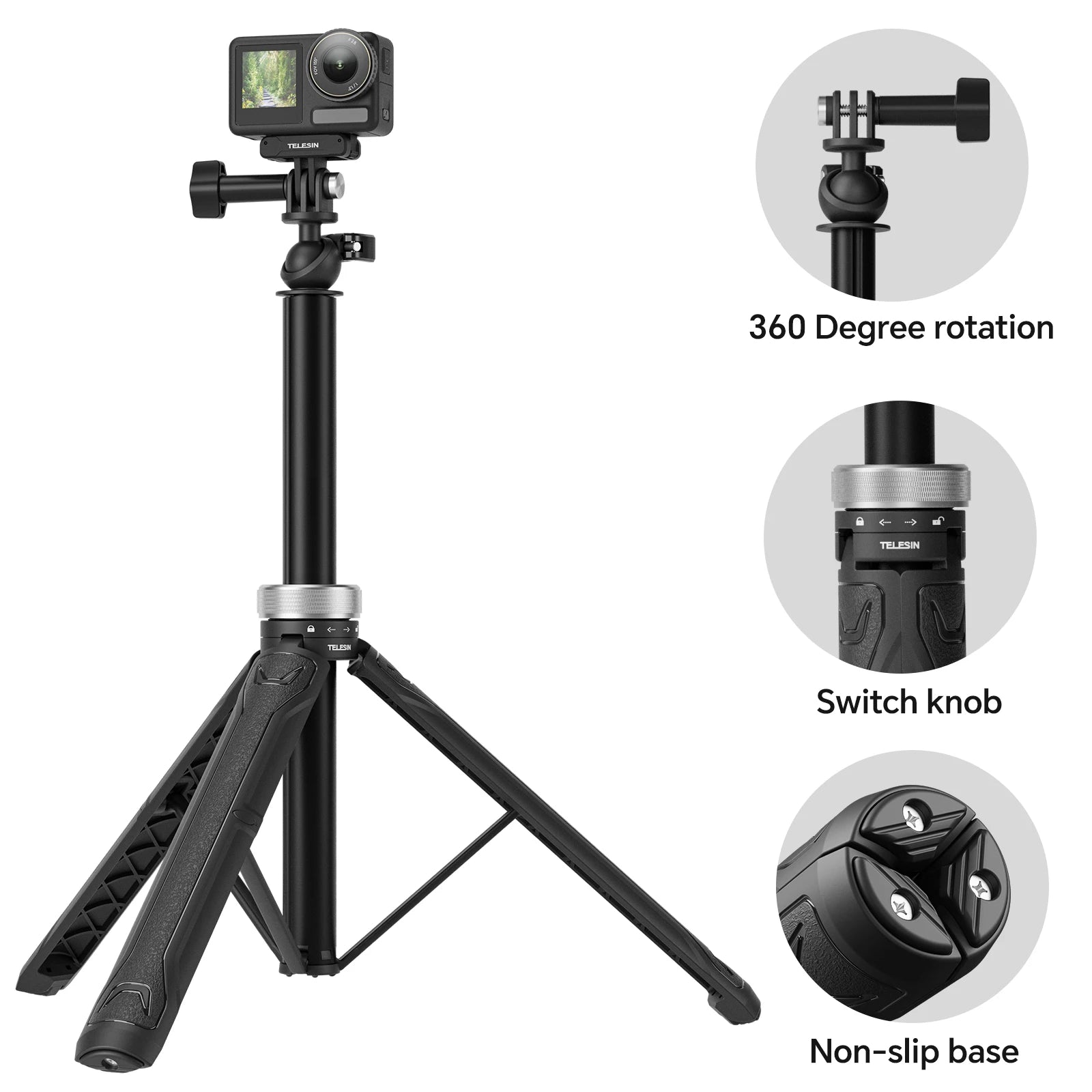 TELESIN 360° Rotating Foldable Selfie Stick Tripod for Action Cameras