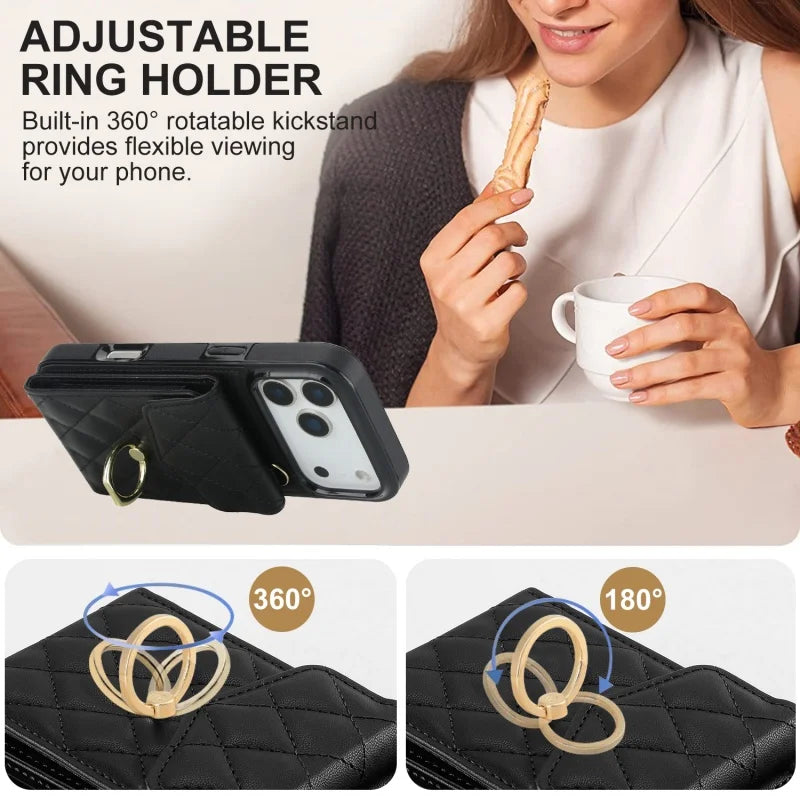 Premium Leather Wallet Case with Ring and Lanyard for iPhone 17 Series