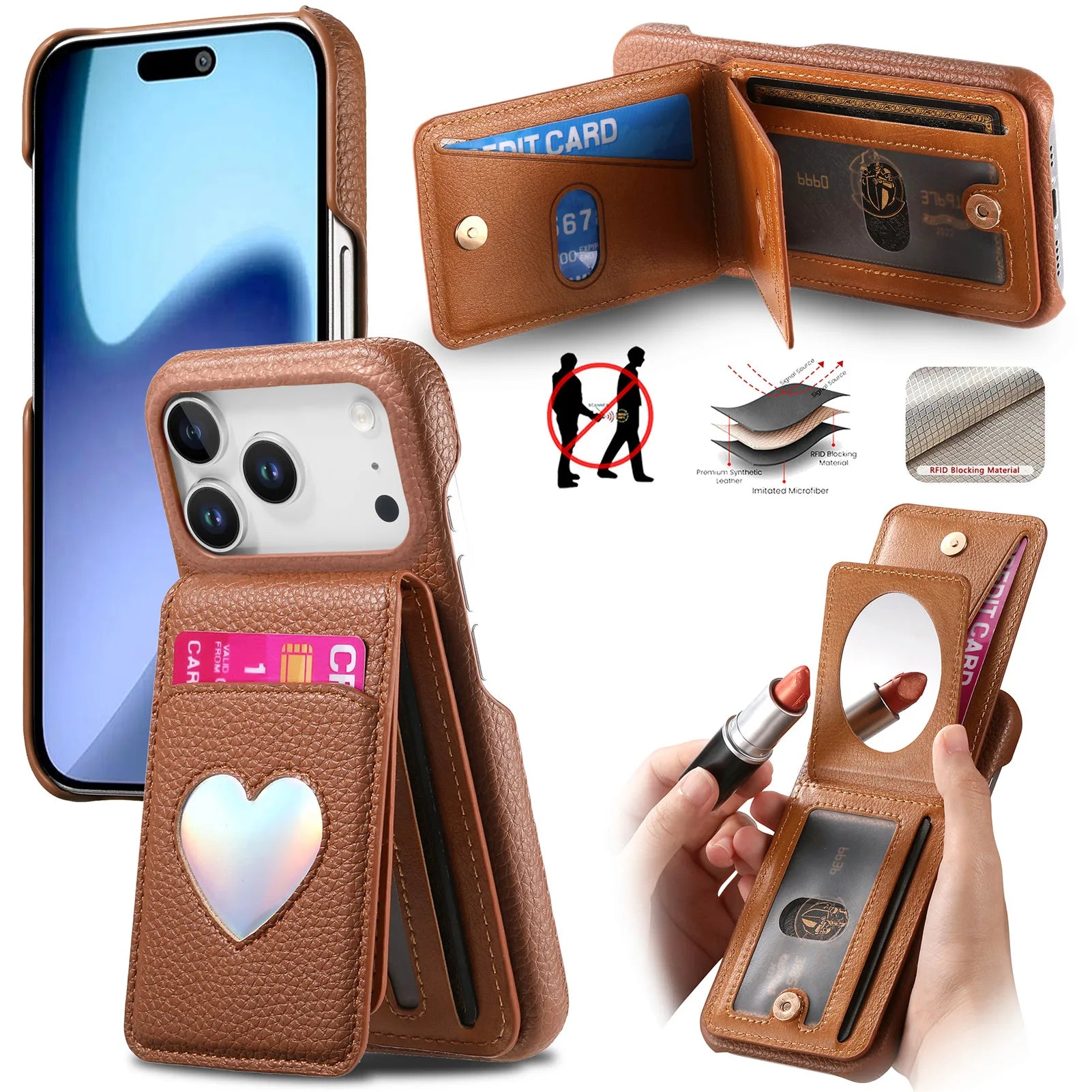 Lychee Pattern Love Heart Leather Wallet Case with Mirror & RFID Protection for iPhone 17 Series
