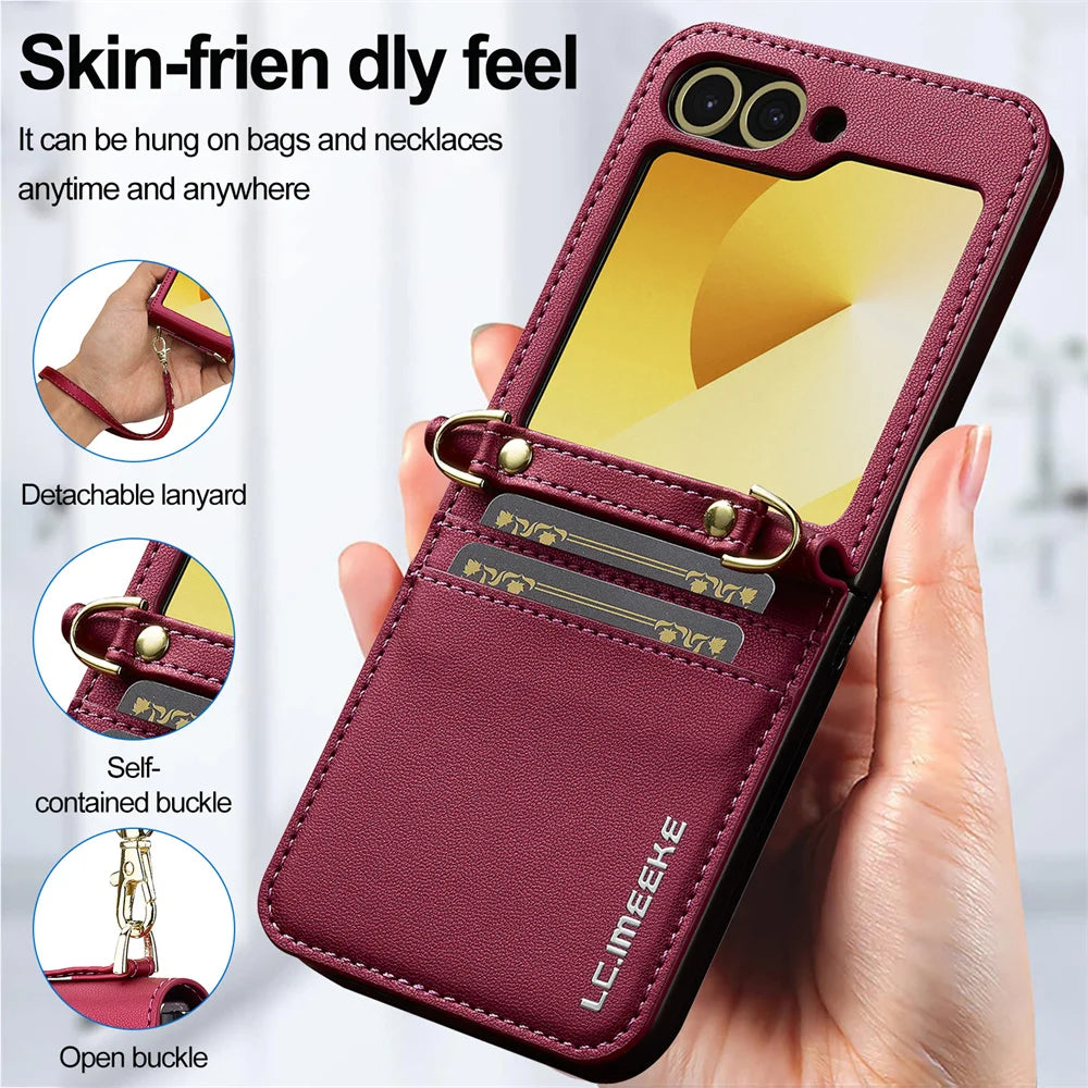 Samsung Galaxy Z Flip 6 Leather Case with Wrist Strap and Card Holder