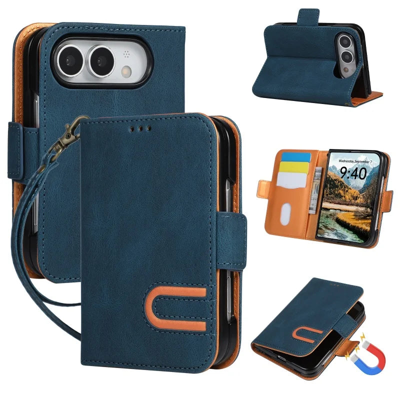 Leather Flip Wallet Case with U-Shaped Magnetic Buckle for iPhone Duo