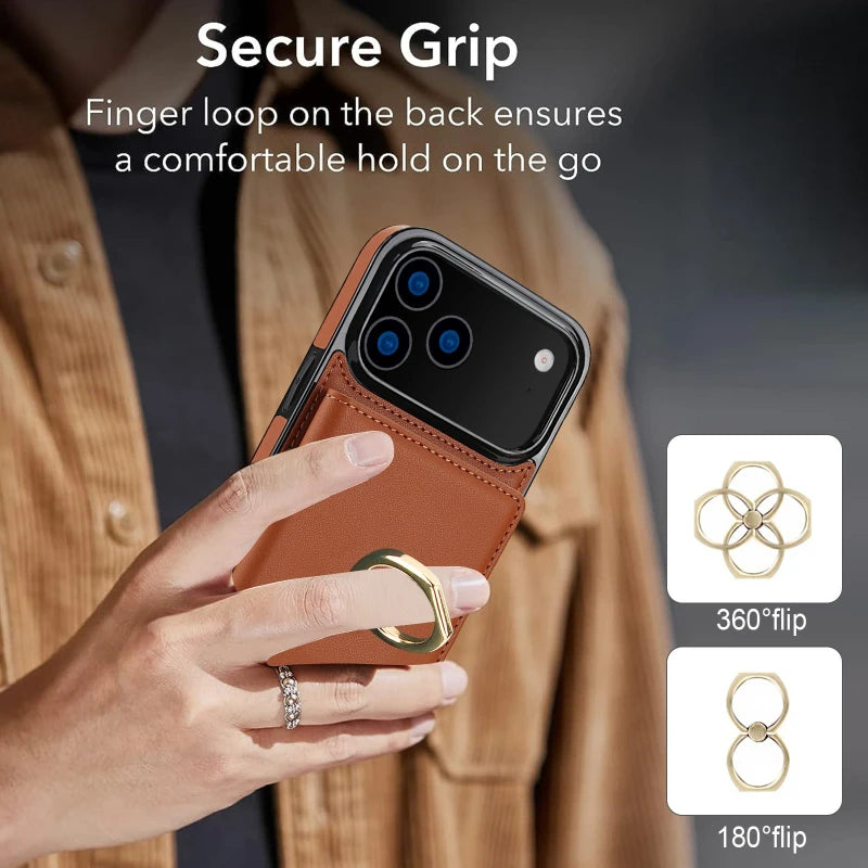 iPhone 17 Series Leather Case with Card Holder and Kickstand
