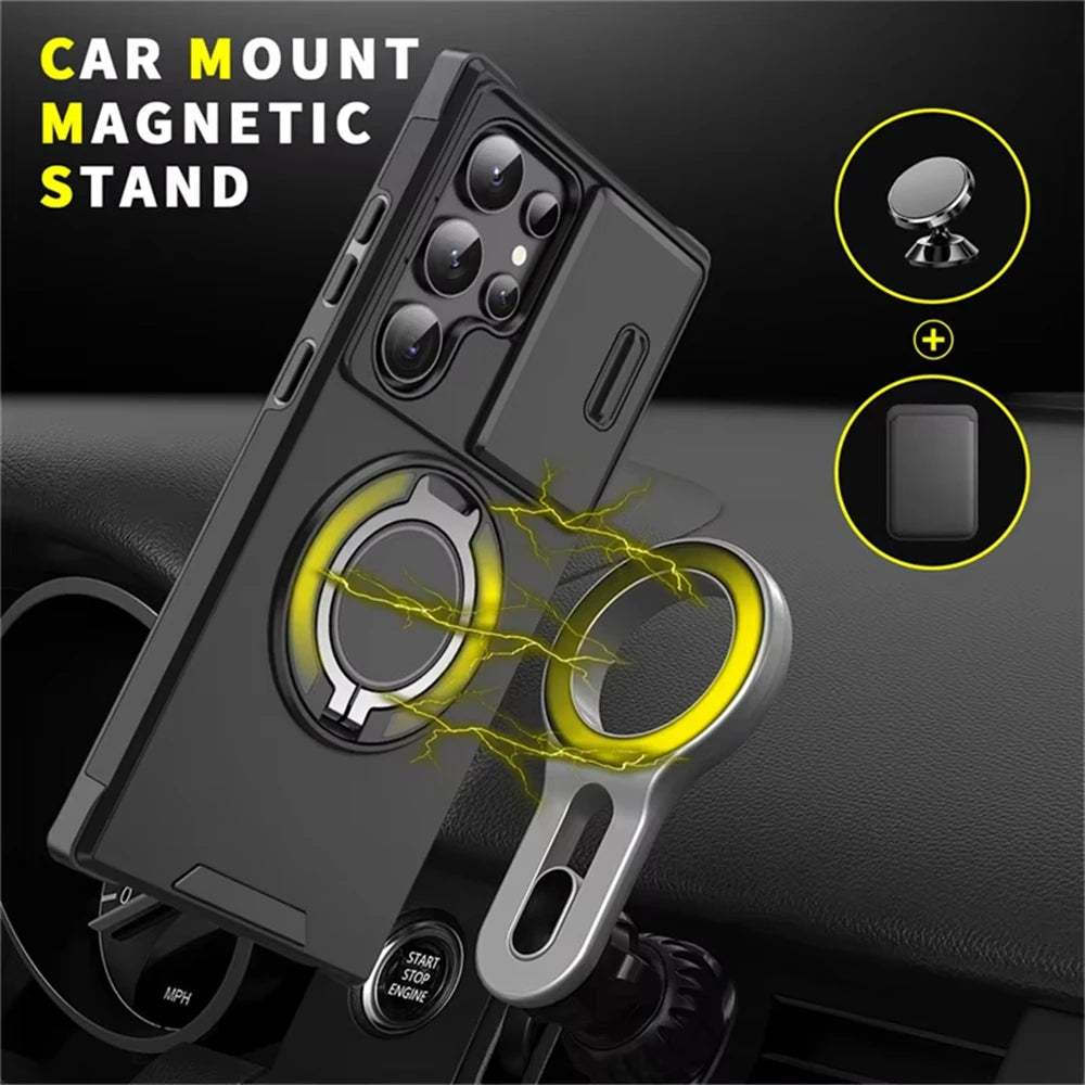 Slide Camera Cover Armor Magnetic Case with Kickstand for Samsung Galaxy S24 Series