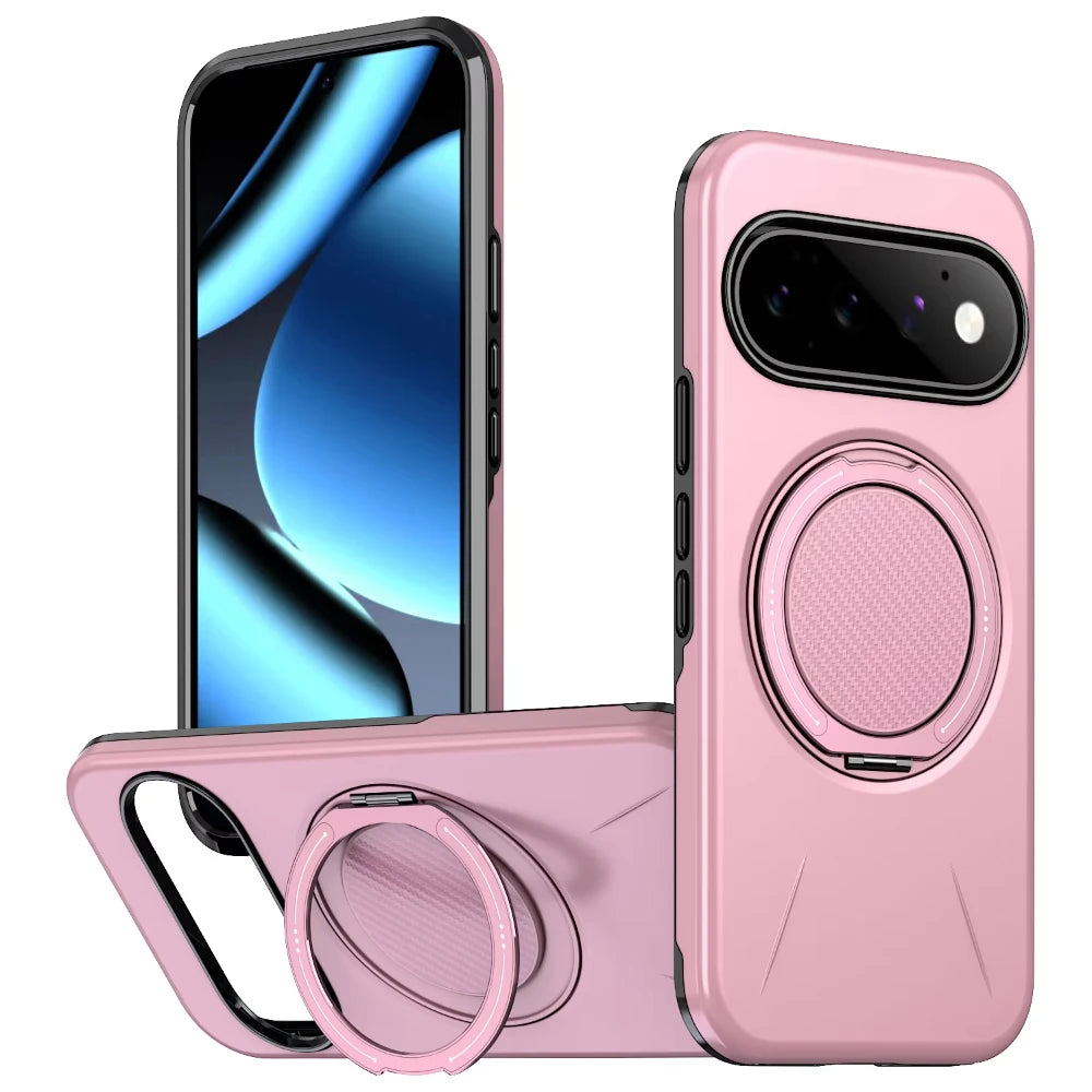 Carbon Fiber Dual-Layer Armor Case with 360° Rotating Magnetic Ring Stand for Google Pixel 11 Series