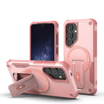 Pink phone case with stand and camera protection for Samsung S25 on a white background