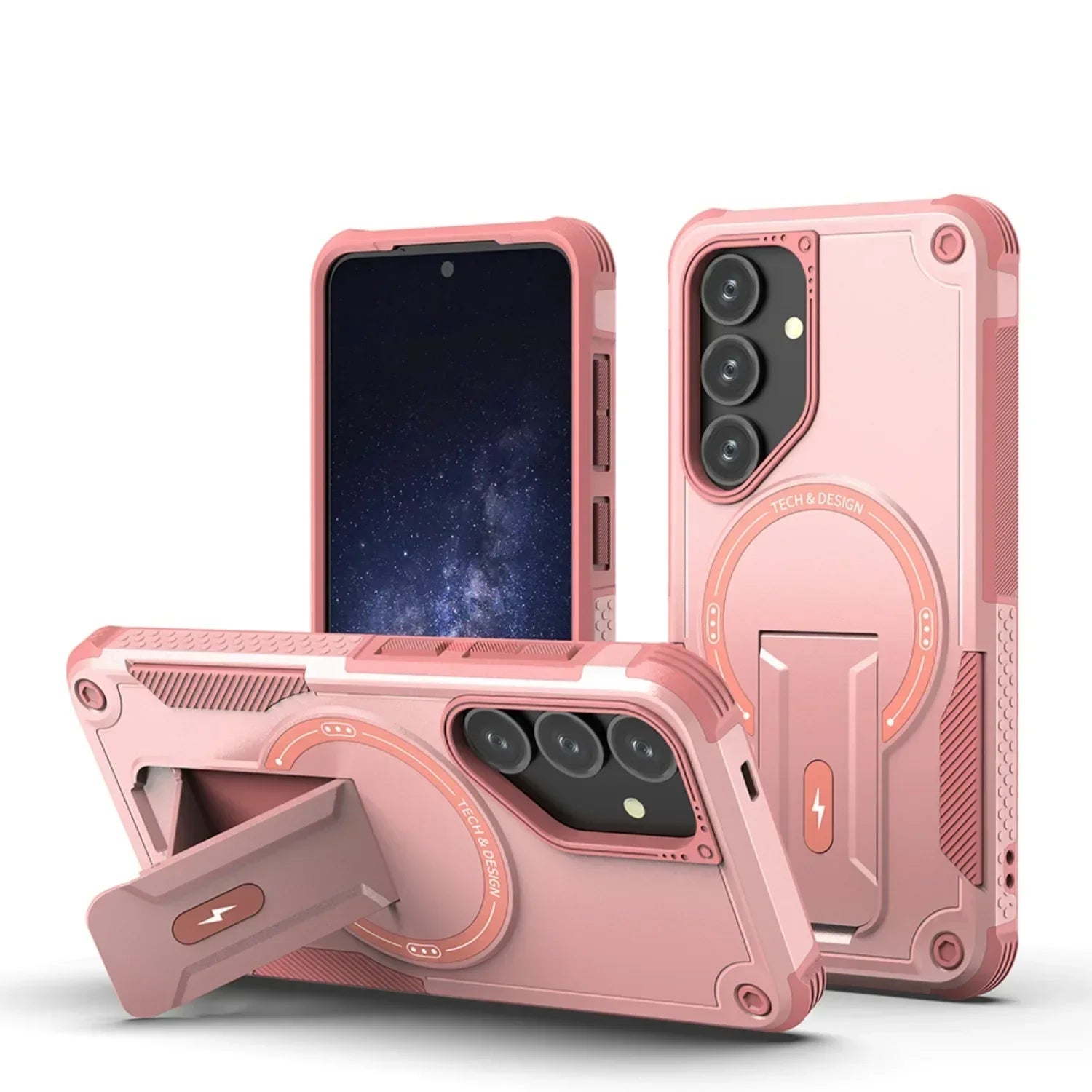 Pink phone case with stand and camera protection for Samsung S25 on a white background
