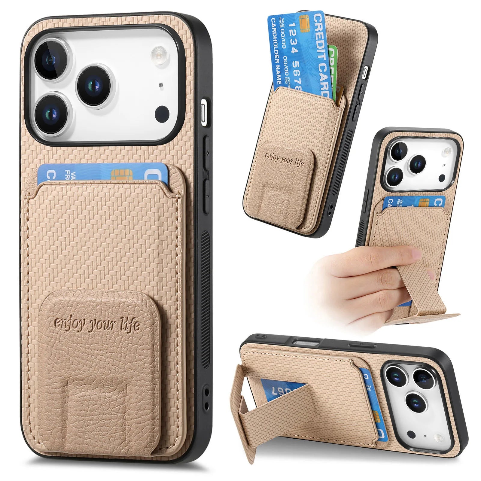 Carbon Fiber Pattern Magnetic Leather Wallet Case with Invisible Kickstand for iPhone 17 Series