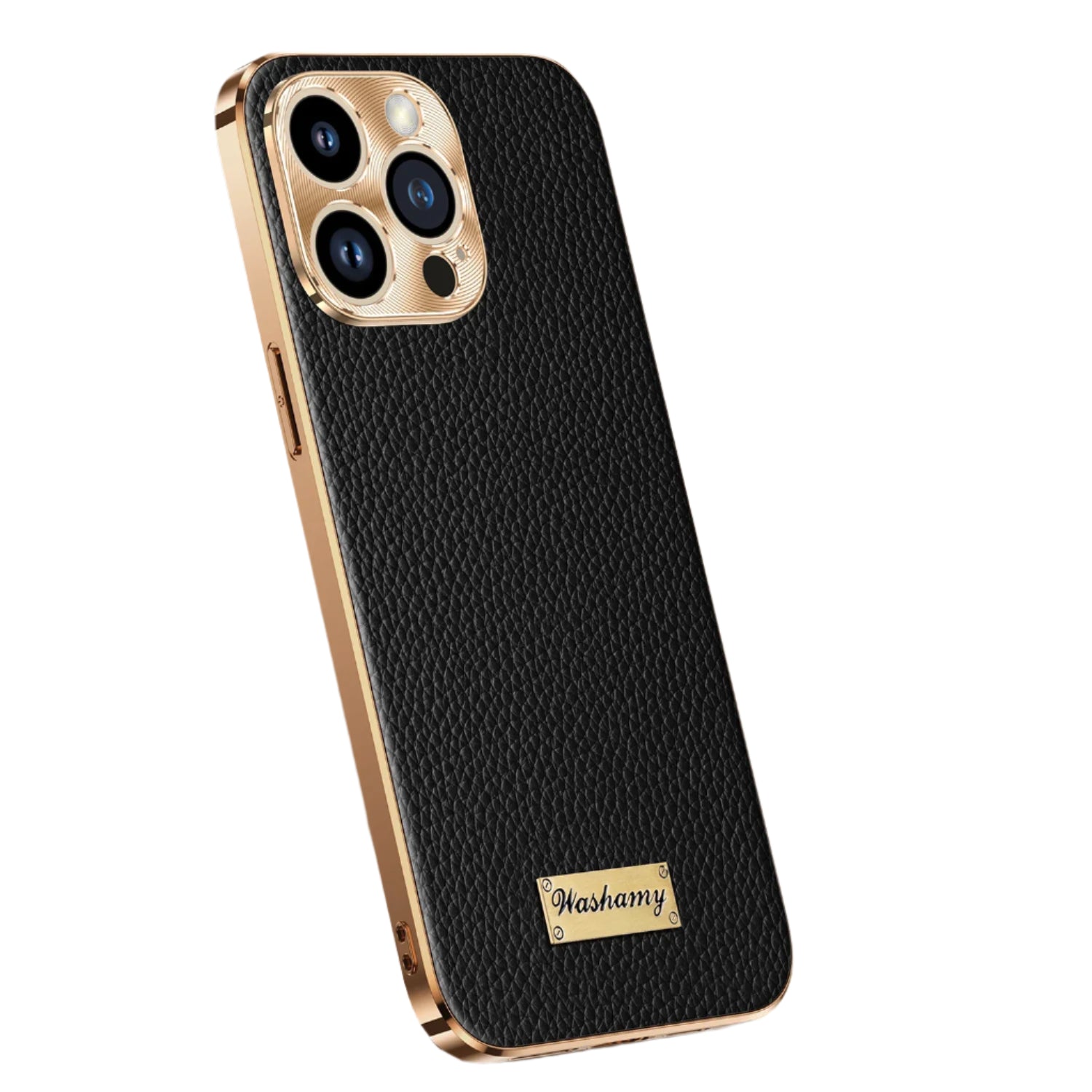 Black phone case with gold accents