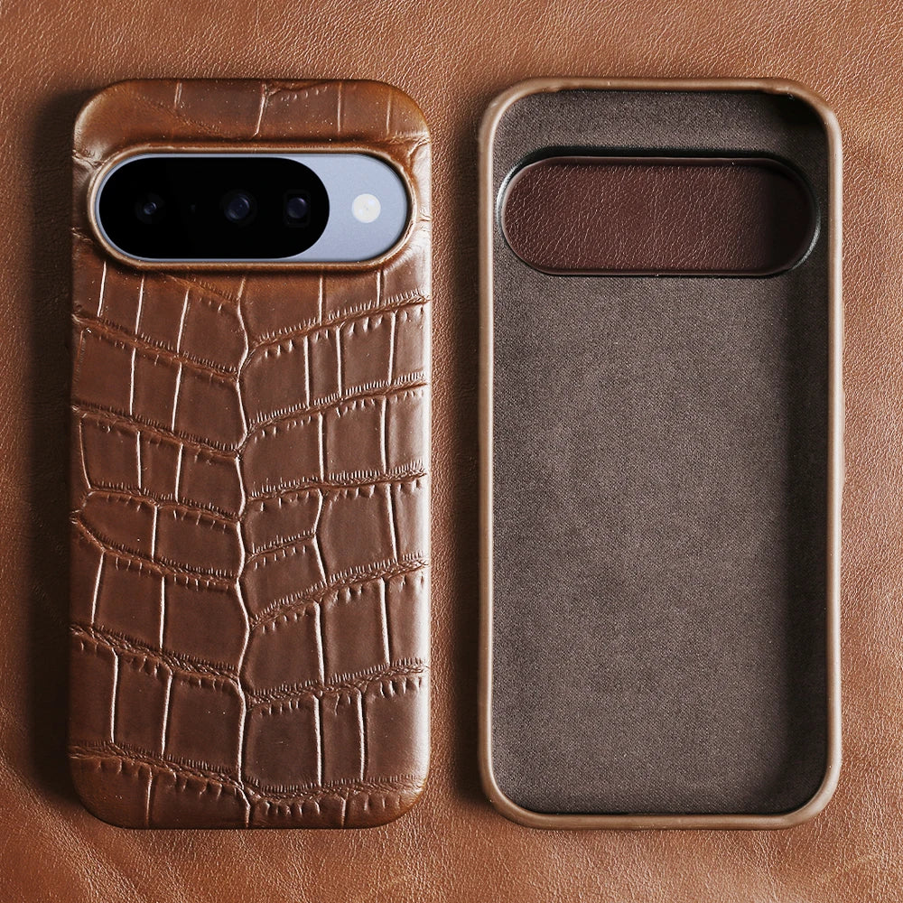 Crocodile-Embossed Leather Camera Protection Case with Raised Lens Ring for Google Pixel 10 Series