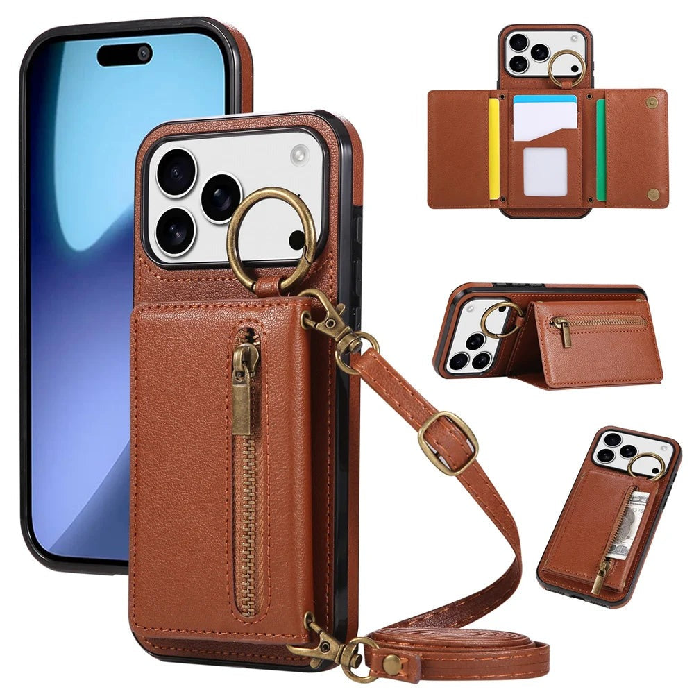 Multi-Functional Crossbody Leather Wallet Case with Ring Holder & Zipper for iPhone 17 Series