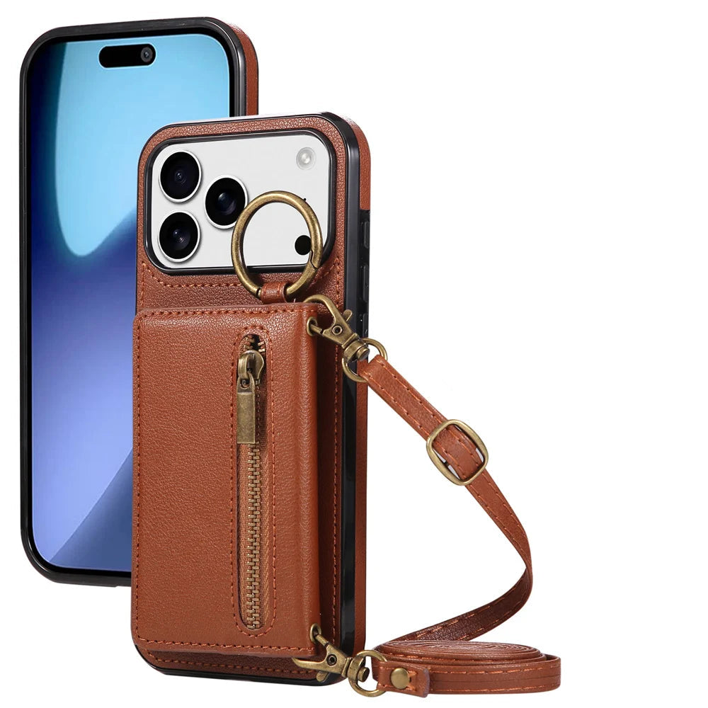 Multi-Functional Crossbody Leather Wallet Case with Ring Holder & Zipper for iPhone 17 Series