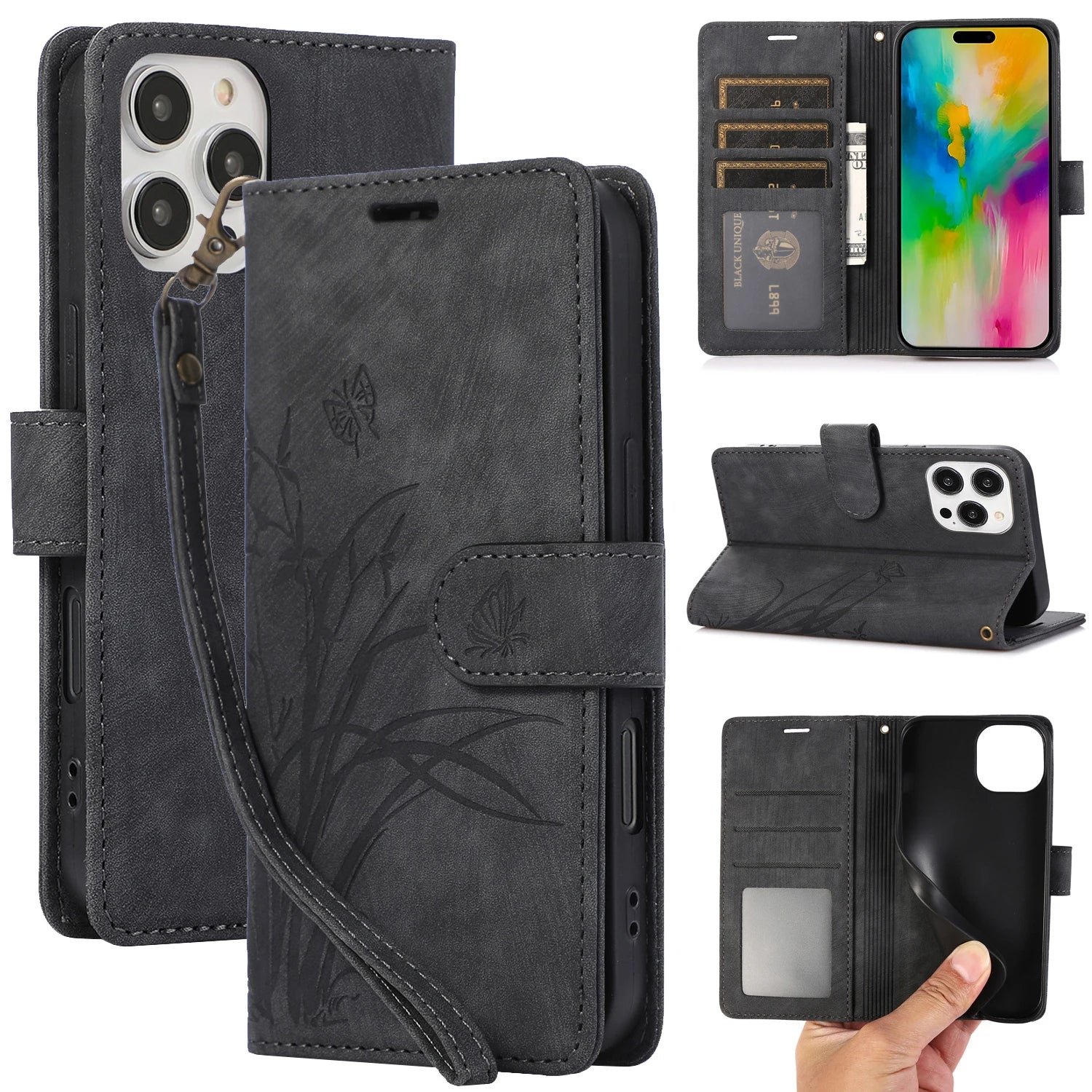 iPhone 15 Series Leather Wallet Case with Wrist Strap & Kickstand