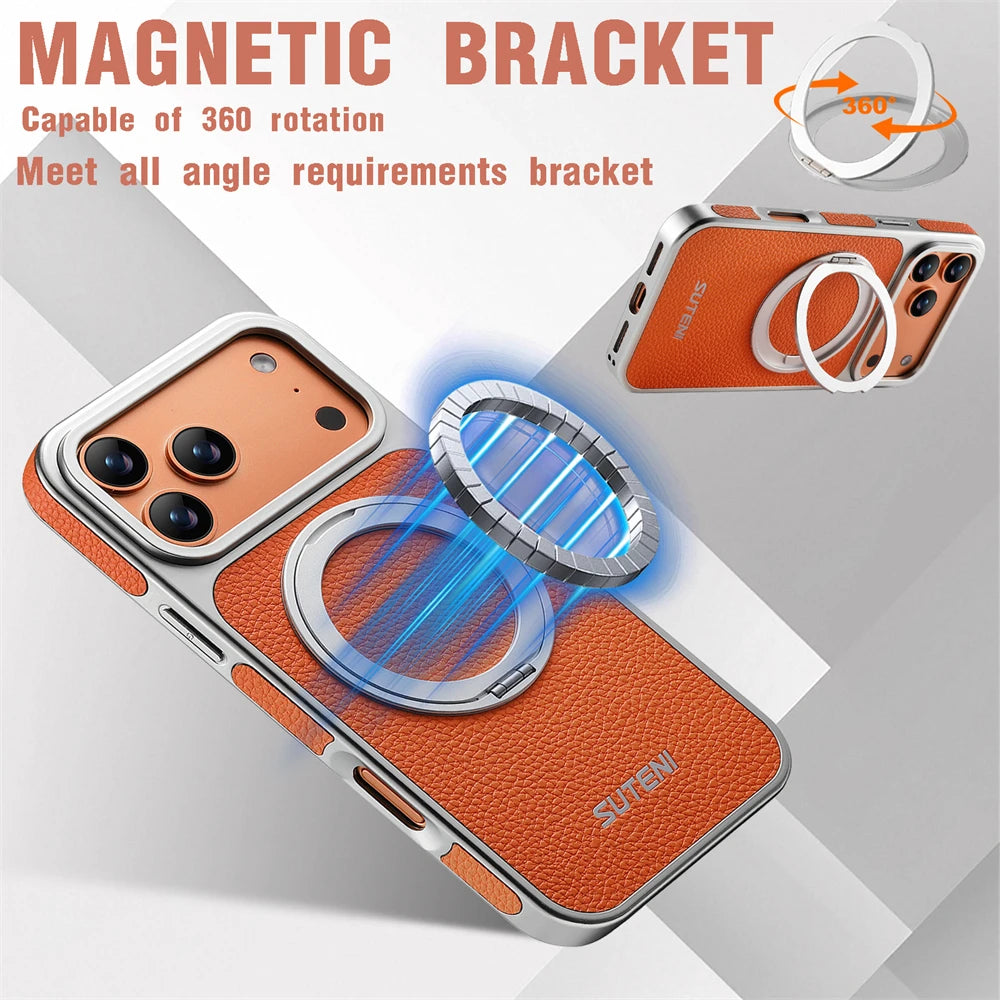 Litchi Texture MagSafe Case with Built-in Ring Stand for iPhone 17 Series