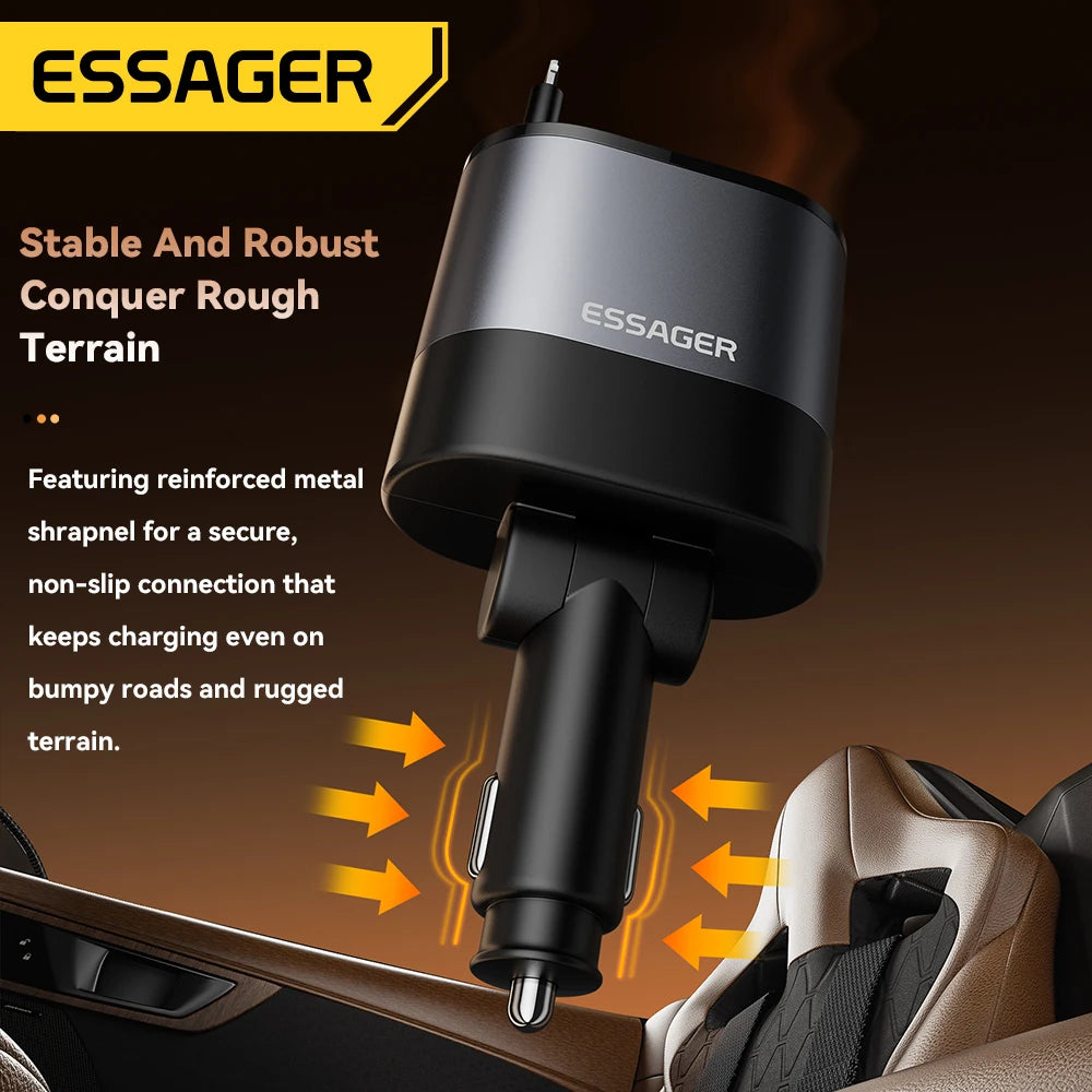Essager 45W 4-in-1 Fast Car Charger with LED & Retractable USB-C Cable