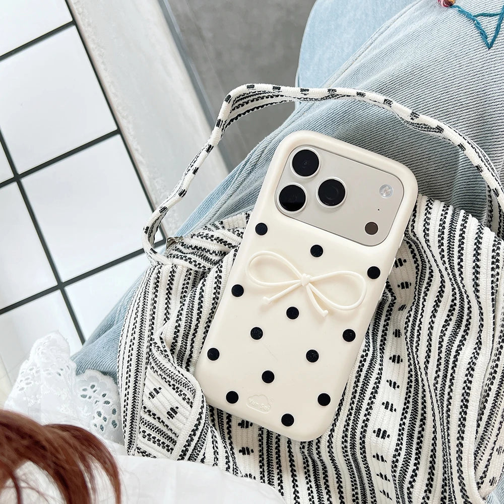 3D Black Polka Dot Bow Silicone Case for iPhone 17 Series