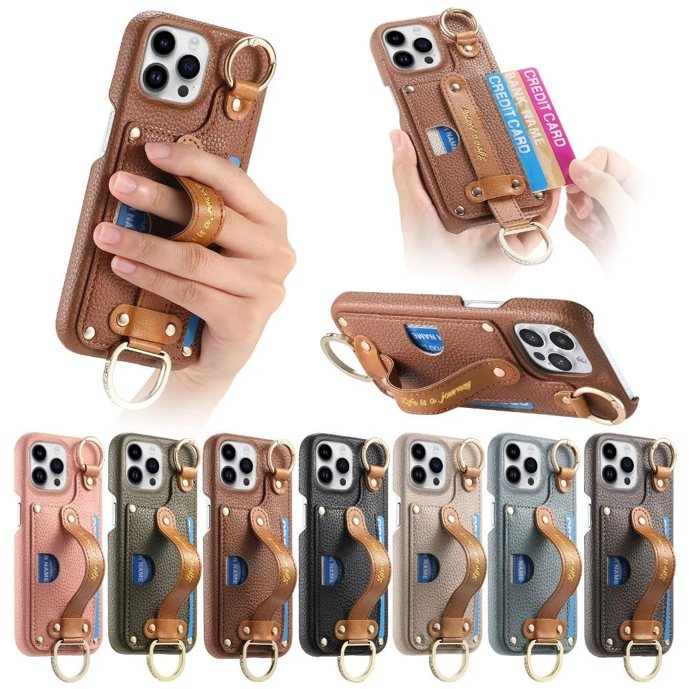 iPhone 16 Series Leather Wallet Case with Wrist Strap & Card Holder