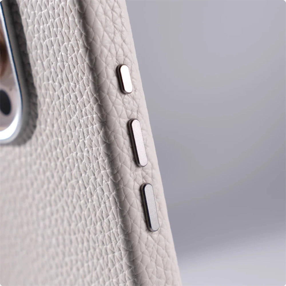 Luxury Lychee Texture PU Leather Case with Alloy Lens Frame for iPhone 17 Series