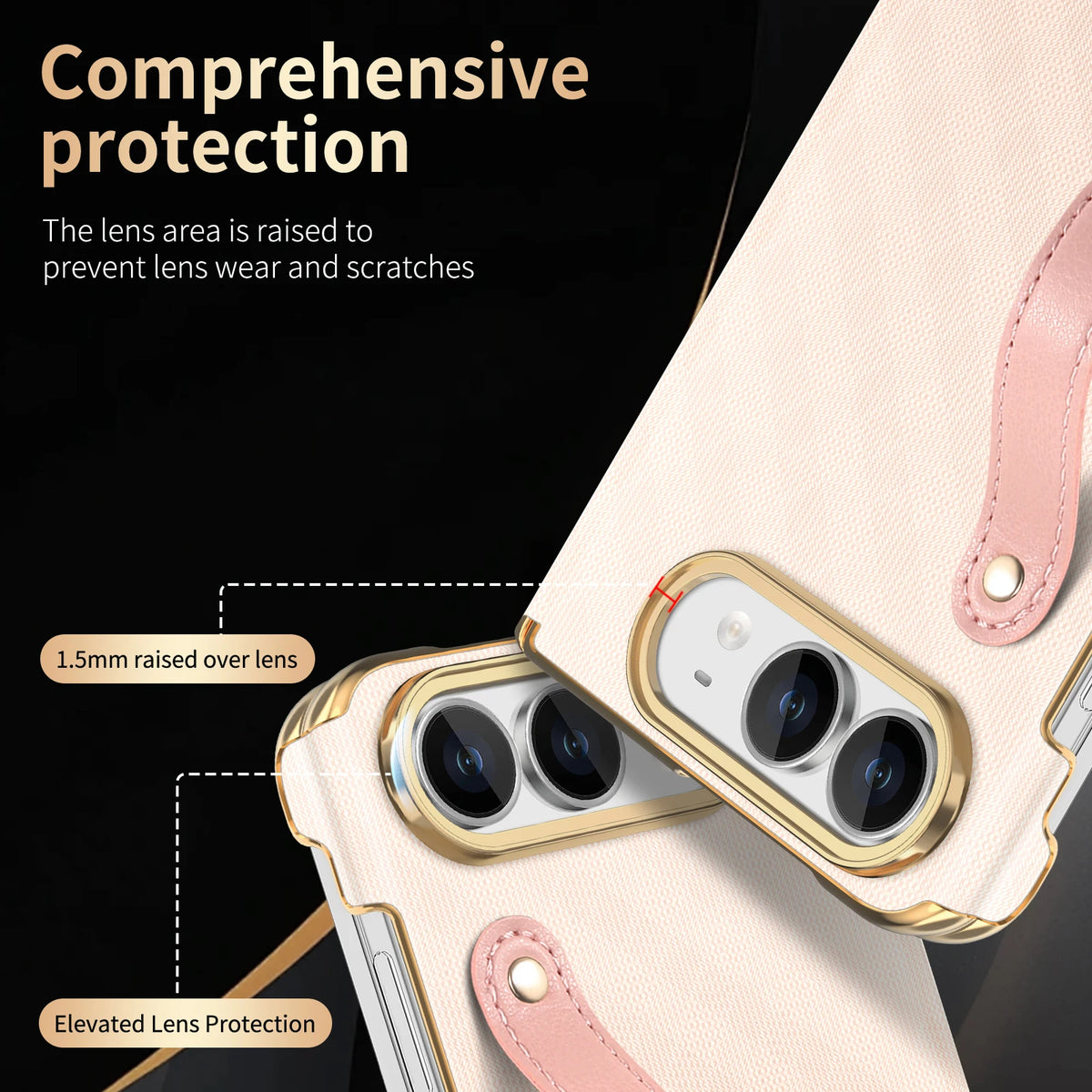 Textured Leather Case with Wrist Strap and Hinge Protection for iPhone Duo