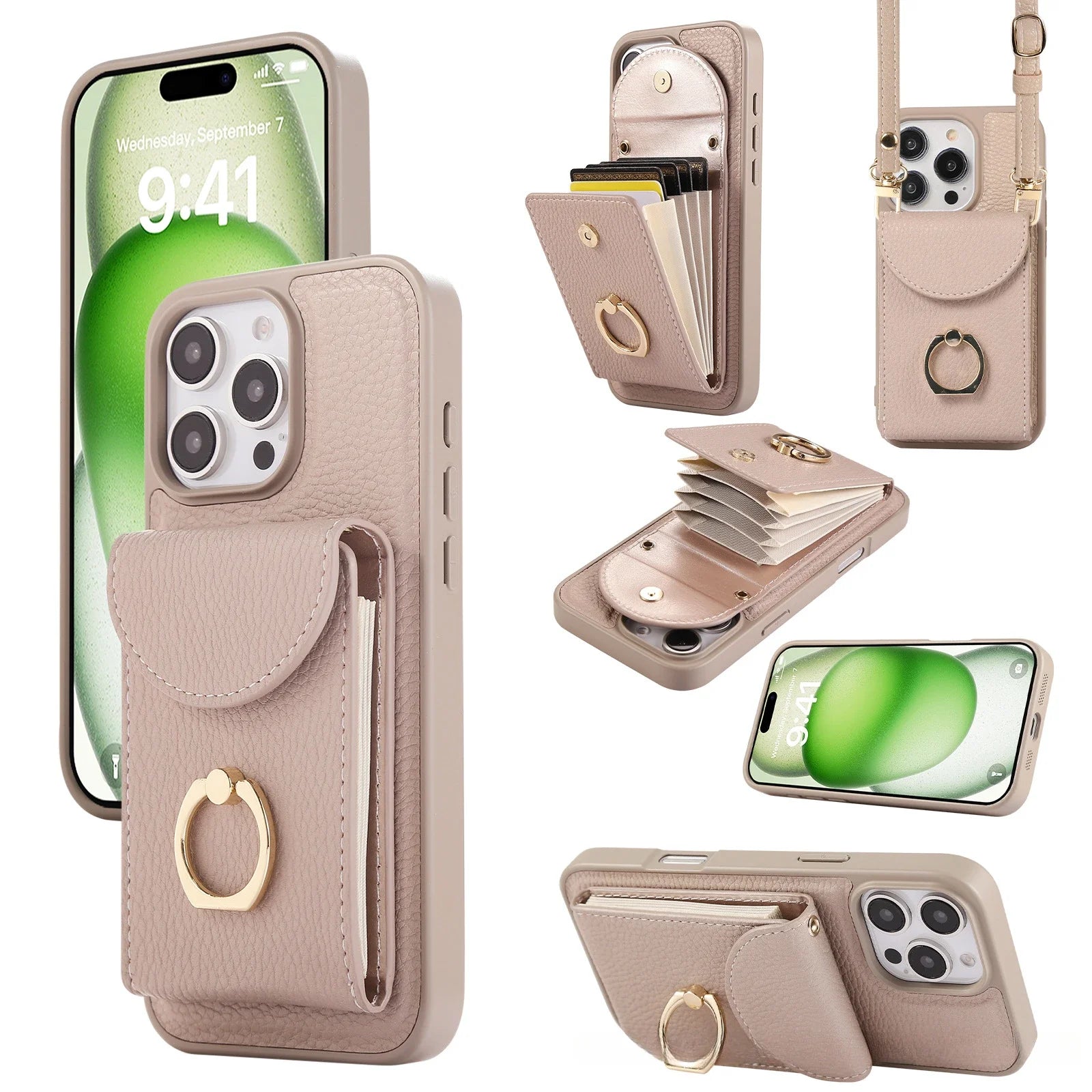 iPhone 16 Series Crossbody Leather Phone Case with Card Holder & Ring & Lanyard