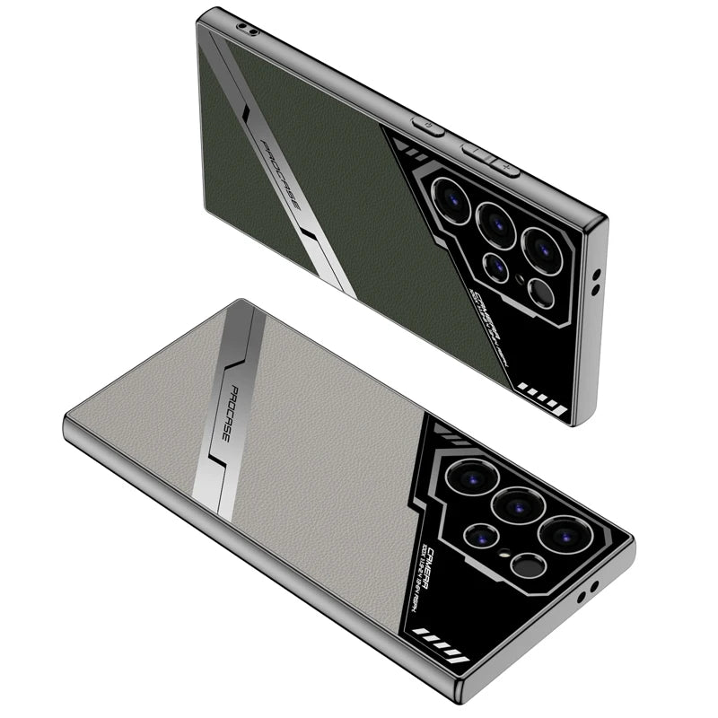 Electroplating Plain Leather + Soft TPU Edge Camera Protection Case for Samsung Galaxy S24 Ultra