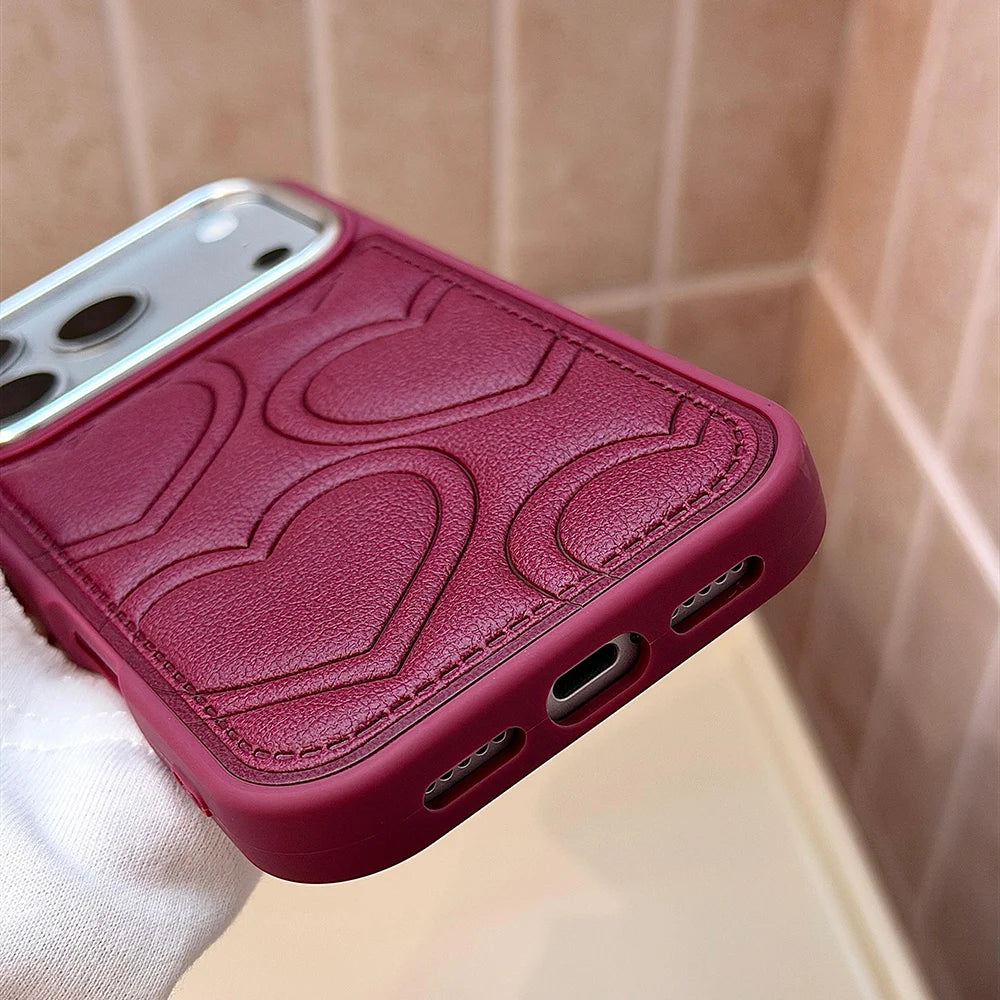 Embossed Heart Leather Case with Raised Camera Frame for iPhone 18 Series