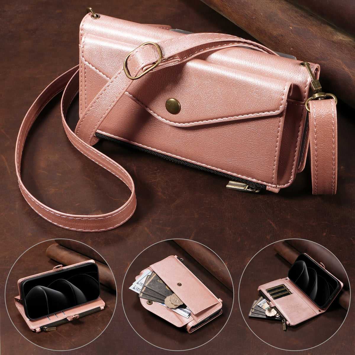 Textured Leather Detachable Wallet Case with Crossbody Strap for iPhone 18 Series