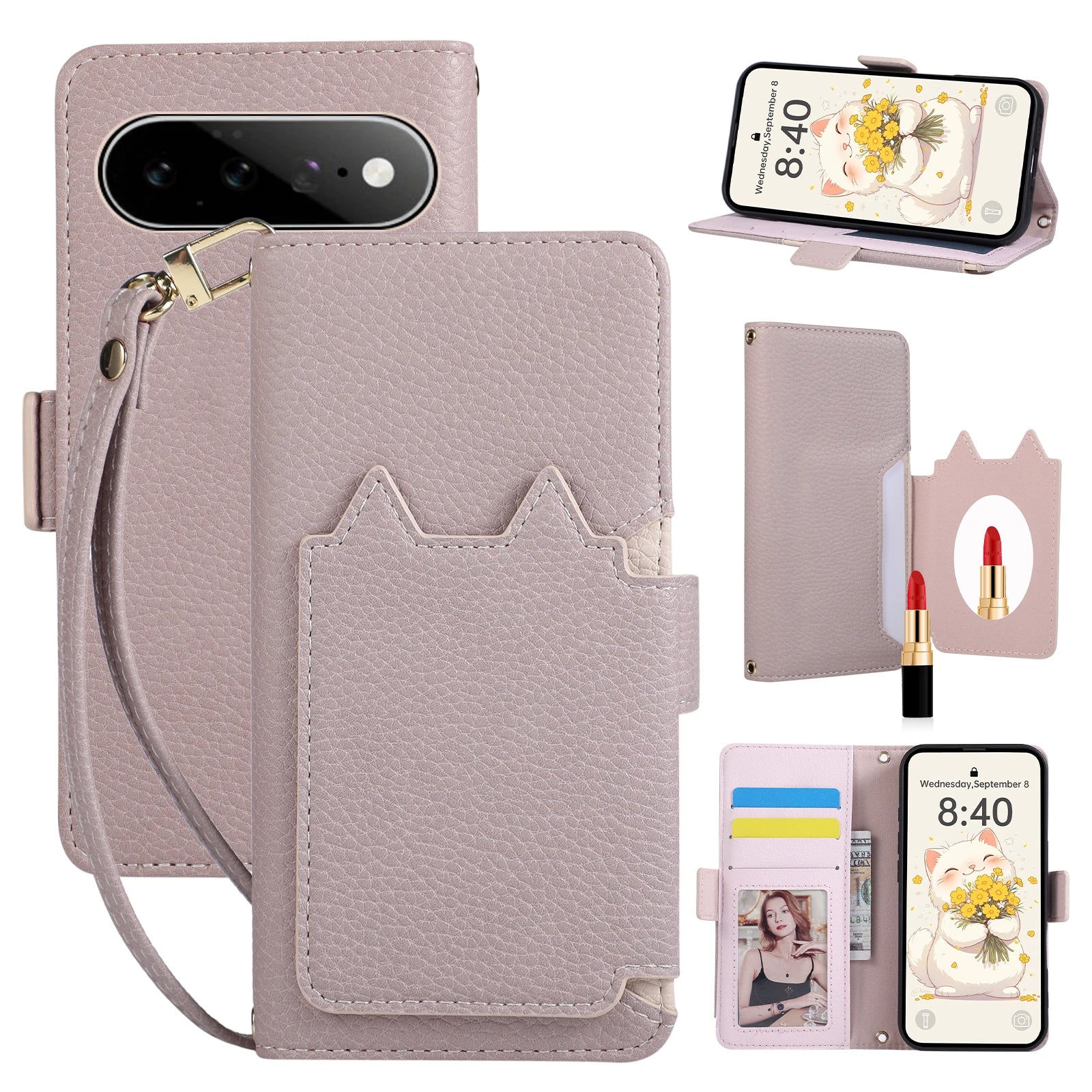 Leather Flip Case with Makeup Mirror for Google Pixel 9 Series