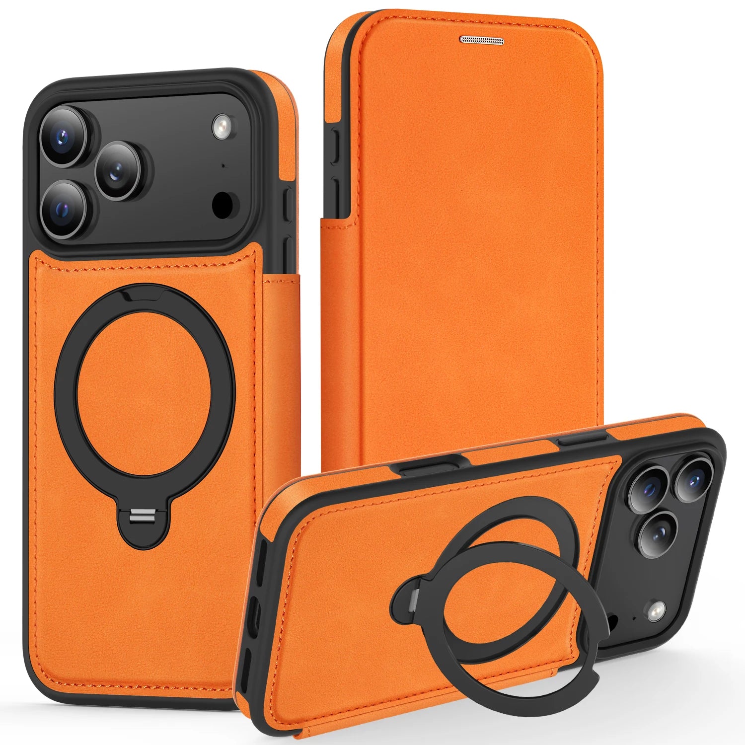 Stylish Leather Flip MagSafe Case with 360° Rotating Kickstand for iPhone 17 Series