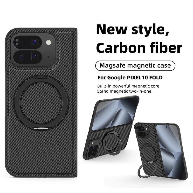 Carbon Fiber Open-Back Case with Rotating Magnetic Ring Stand for Pixel 10 Pro Fold