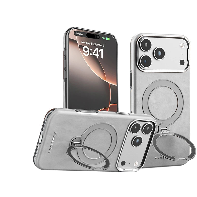 Shockproof Leather MagSafe Case with 360° Rotating Kickstand Ring for iPhone 18 Series