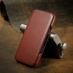 Premium Natural Cowhide Leather Flip Case for iPhone 17 Series