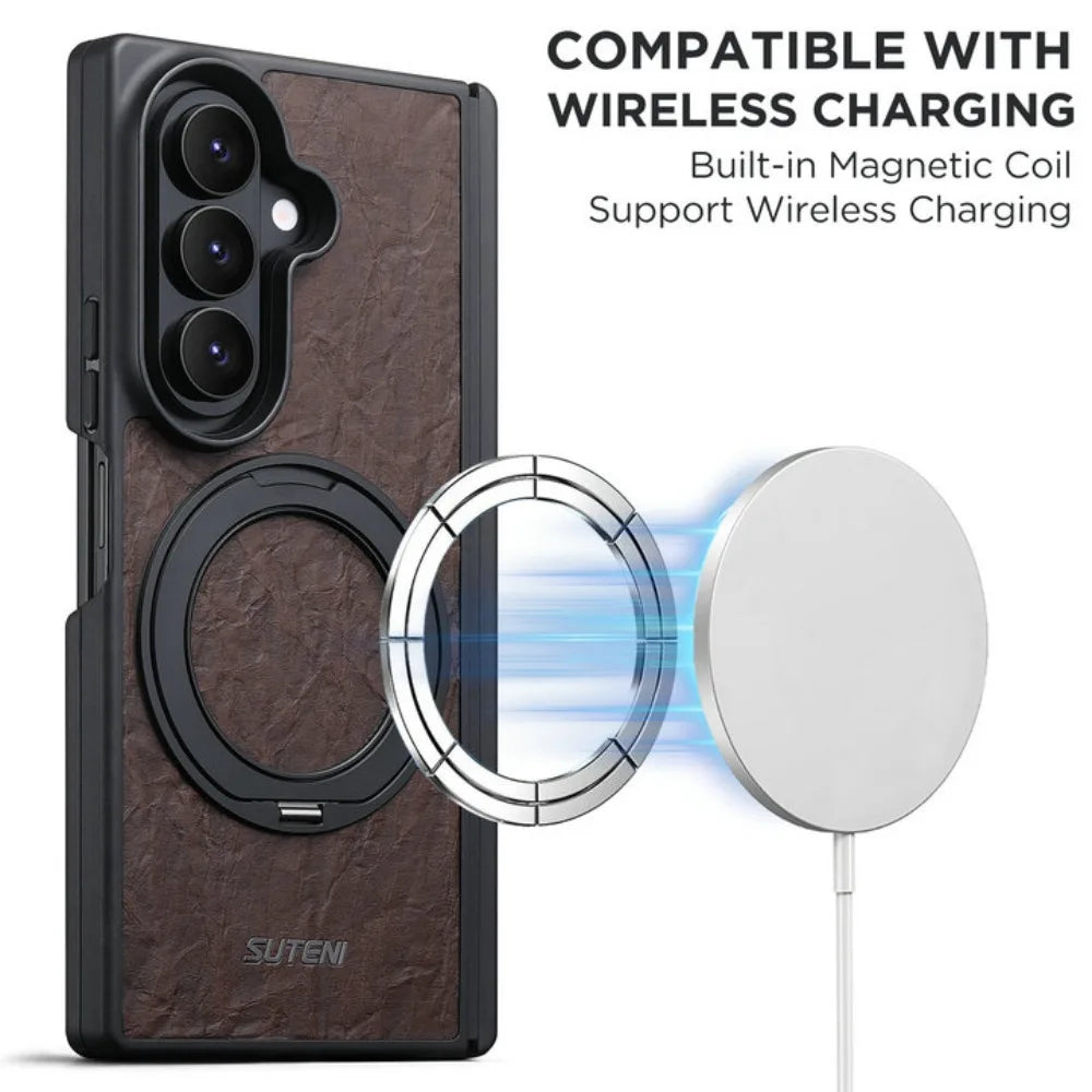 Textured Leather Magnetic Case with 360° Rotating Ring Stand for Samsung Galaxy Z Fold 7