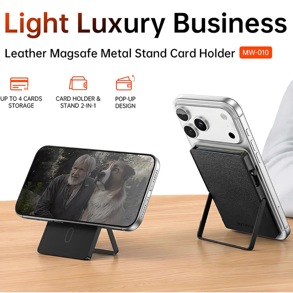 Magnetic Card Holder with Foldable Metal Stand
