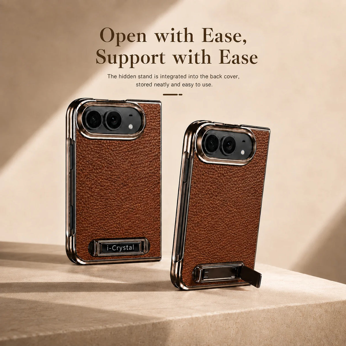 Leather-Texture Electroplated Kickstand Case with Metal Built-In Stand for iPhone Duo