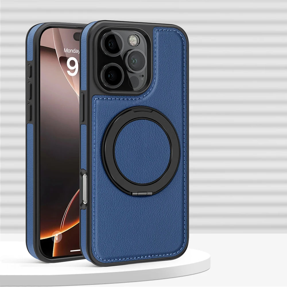 iPhone 16 Series PU Leather MagSafe Case with 360° Rotating Ring Holder