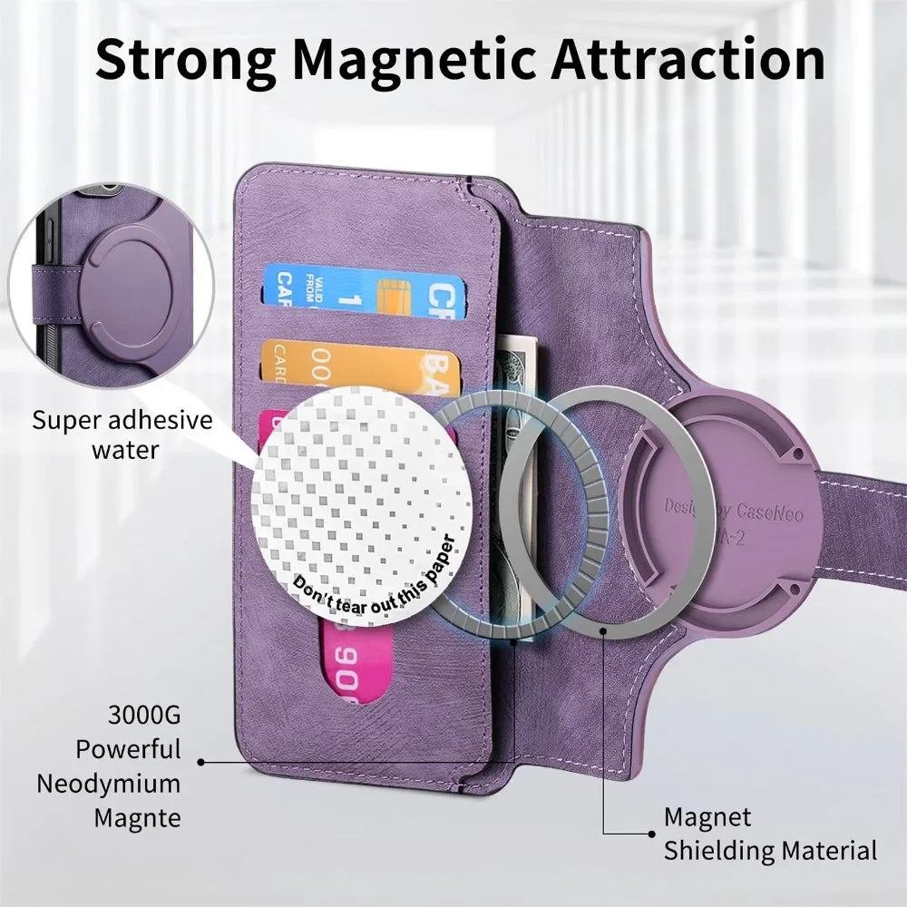 Magnetic Leather Wallet Case with Detachable Card Slot for iPhone 15 Series