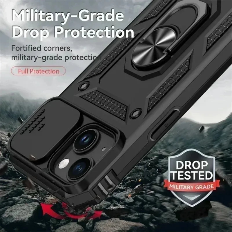 Military-Grade Armor Case with Rotating Ring Stand & Slide Camera Lens for iPhone 16 Series