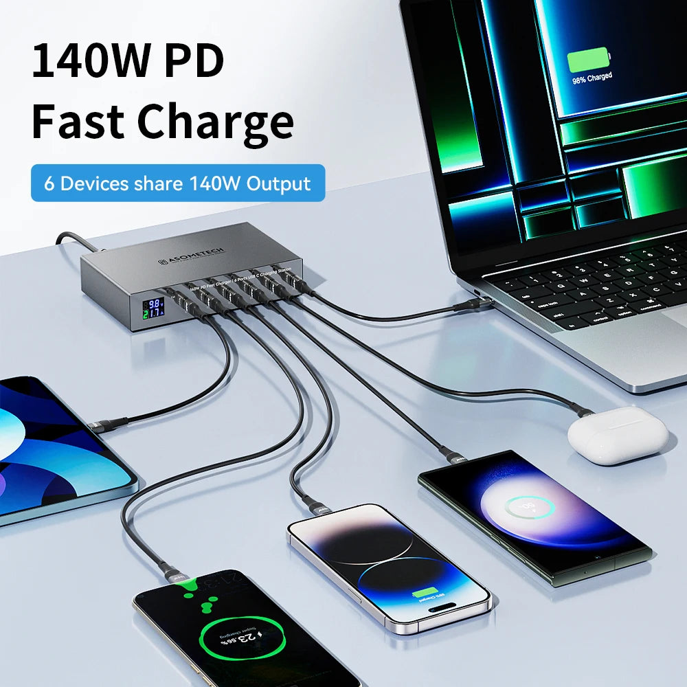 ASOMETECH 140W 6-Port USB-C PD Fast Charging Station