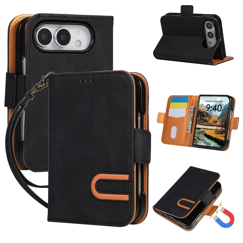 Leather Flip Wallet Case with U-Shaped Magnetic Buckle for iPhone Duo