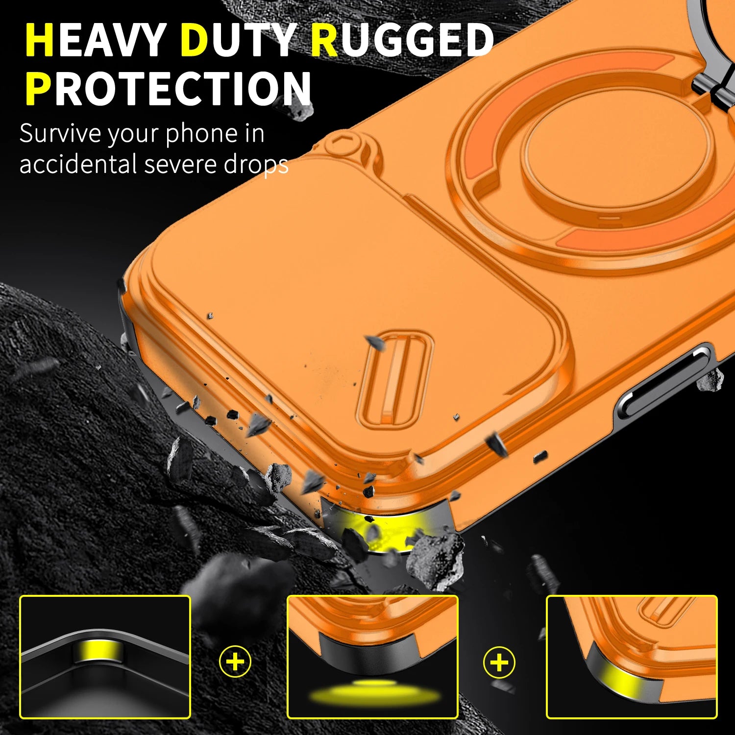 Durable Heavy Duty Case with Camera Slide Cover & Magnetic Ring Kickstand for iPhone 17 Series